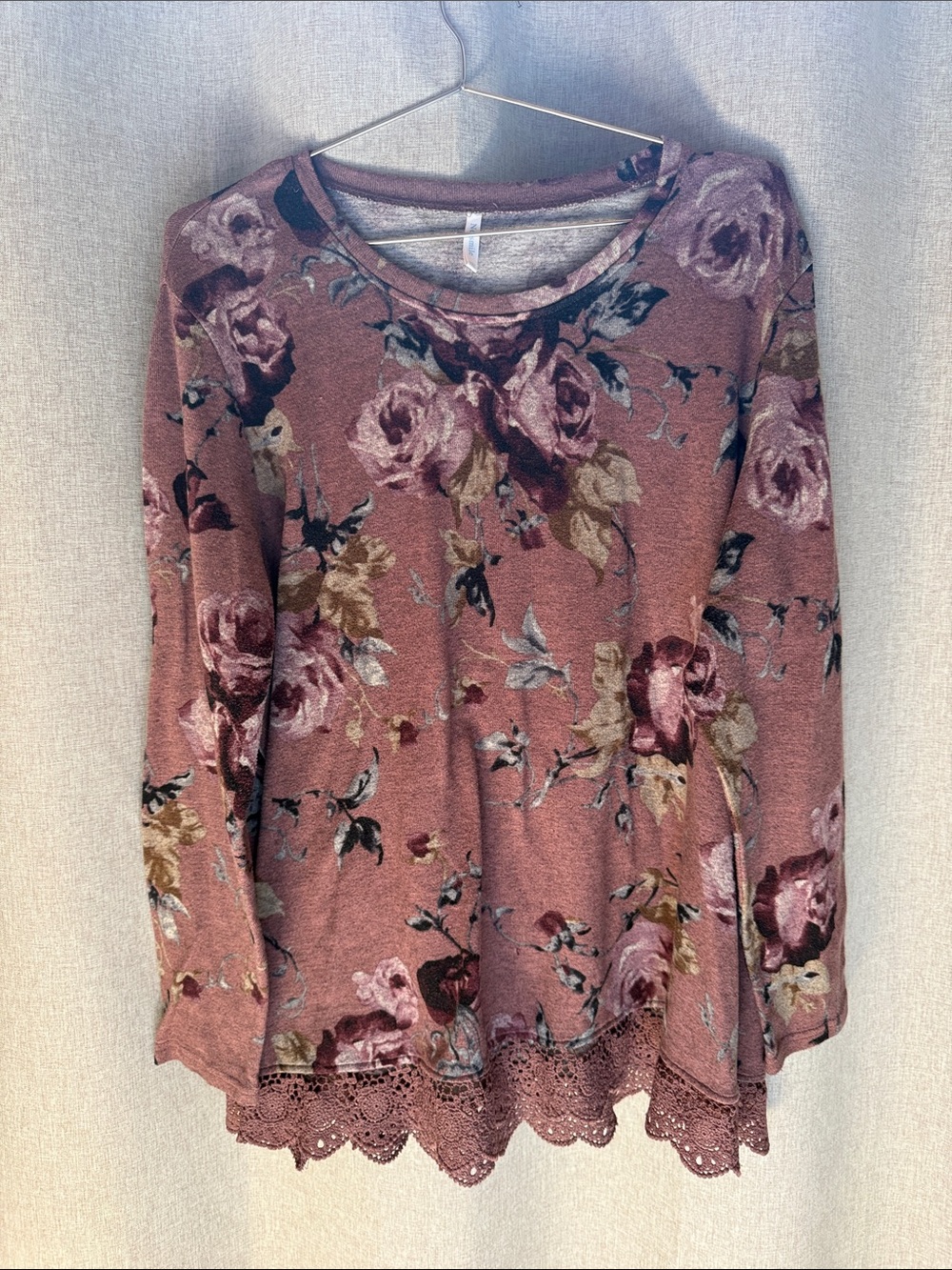 Floral Lace Hem Mauve Long Sleeve Top